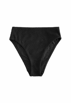 Czarne majtki bikini z wysokim stanem, wykonane z teksturowanej tkaniny z gładką podszewką, prezentowane na białym tle.
