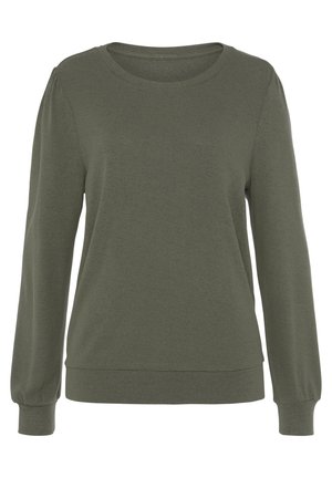 Prosty oliwkowo-zielony shirt z długim rękawem, okrągłym dekoltem i przylegającymi mankietami, przedstawiony na białym tle.