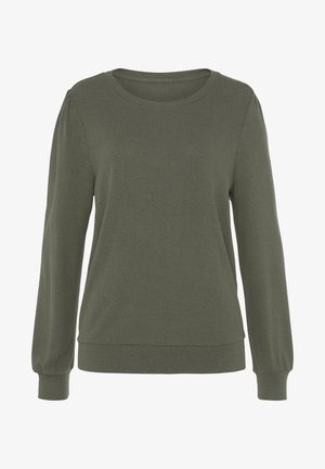 Prosty oliwkowo-zielony shirt z długim rękawem, okrągłym dekoltem i przylegającymi mankietami, przedstawiony na białym tle.