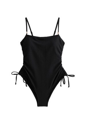Zwarte badpak met verstelbare spaghetti-bretels. Heeft een golvende textuur en zijkoordjes voor een verstelbare pasvorm.