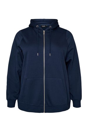 Tmavomodrá mikina na zips s prednými vreckami, kapucňou so sťahovacou šnúrkou a rebrovanými manžetami na dlhých rukávoch.