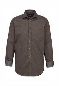 Camicia marrone a maniche lunghe con bottoni, caratterizzata da un sottile motivo a righe, con polsini a contrasto e una tasca sul petto sinistro.