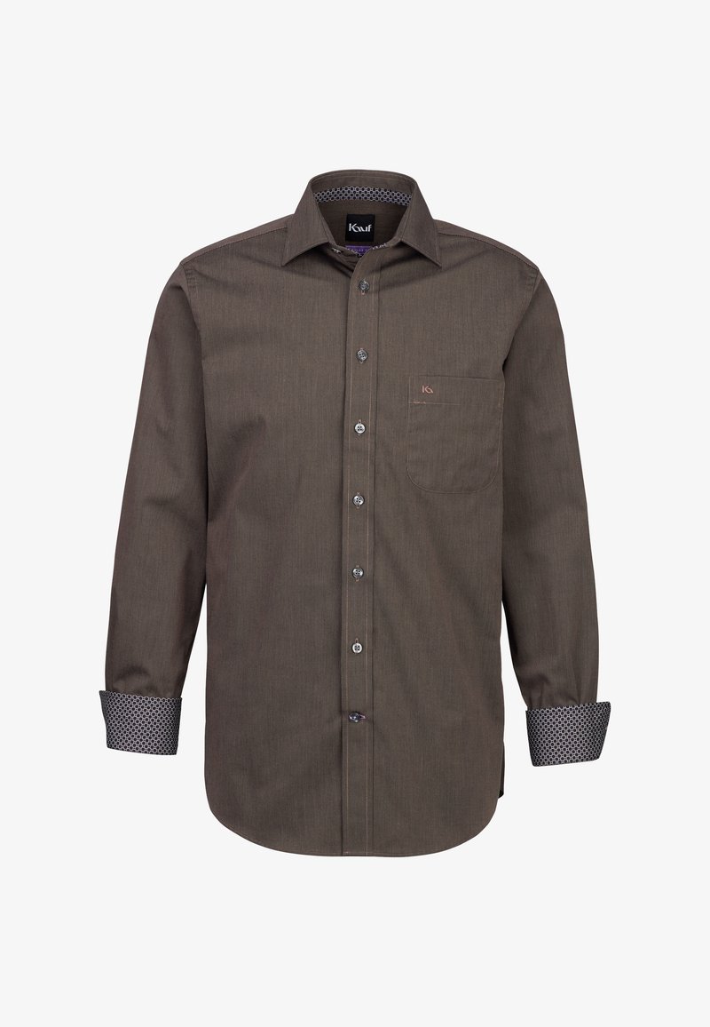 Camicia marrone a maniche lunghe con bottoni, caratterizzata da un sottile motivo a righe, con polsini a contrasto e una tasca sul petto sinistro.