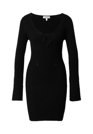 Schwarzes Rippstrickkleid mit rundem Ausschnitt, langen Ärmeln und Kordelzugdetail in der Mitte. Enganliegende Silhouette ohne sichtbare Muster.