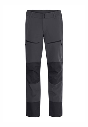 Pantalones gris oscuro con parches negros en las rodillas, cinturilla elástica y dos bolsillos frontales con cremallera. Hechos de una tela resistente y elástica para mayor comodidad.