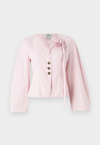 Lyserød stribet bluse med V-udskæring, lange ærmer og en blomsterdetalje på venstre side. Tre dekorative knapper foran.