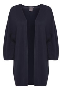 Marinblå stickad cardigan med V-formad halsringning, vida ärmar och öppen framdesign. Mjuk textur med avslappnad passform.