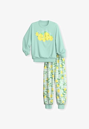 Haut vert menthe à manches longues avec un graphisme de citrons souriants et pantalon assorti présentant des citrons jaunes et des feuilles vertes sur un fond à carreaux.