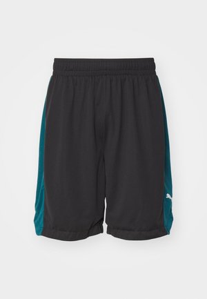 Short de sport noir avec des panneaux turquoise sur les côtés et une taille élastique, avec un petit logo blanc Puma sur le panneau latéral gauche.