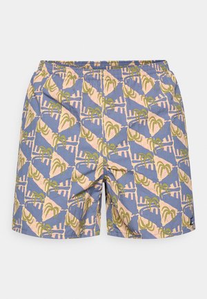 Vaaleansiniset uimashortsit, joissa toistuva palmuaihe ja kuvio vihreänä ja vaaleanpunaisena. Joustava vyötärönauha, kevyt kangas.