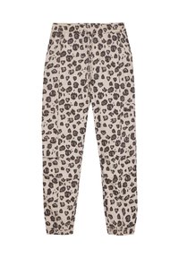Leopardmönstrade joggers i beige, med dragsko i midjan, sidfickor och elastiska muddar, tillverkade av mjukt tyg för komfort.