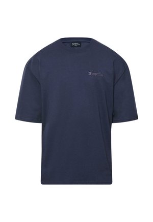 Marineblauwe katoenen t-shirt met korte mouwen, ronde halslijn en geborduurd merksymbool aan de linkerzijde. Zachte textuur, relaxte pasvorm.