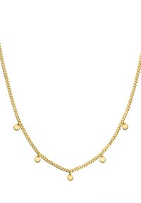Zlati verižni ogrlica z dvojnim slojem in enakomerno razporejenimi okroglimi čari. Veriga ima gladko teksturo in sijoč zaključek.