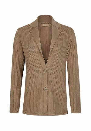 Bruine geribbelde gebreide cardigan met lange mouwen, twee knopen aan de voorkant en een brede reverskraag.
