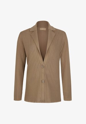 Bruine geribbelde gebreide cardigan met lange mouwen, twee knopen aan de voorkant en een brede reverskraag.