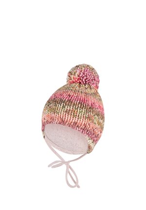 Knit winter hat with pink, green, and beige stripes, a pom-pom on top, and tied chin straps for secure fit.