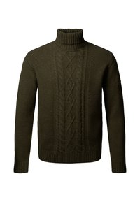 Pull vert avec un col montant côtelé, un motif tricoté en torsades texturé, et des poignets ainsi qu'un ourlet côtelés. Fabriqué en matière tricotée épaisse.