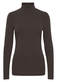 Ruskea pitkähihaine turtleneck-paita, joka on valmistettu pehmeästä kankaasta. Sillä on istuva muotoilu, korkea kaulus eikä näkyviä kuvioita tai metalliosia.