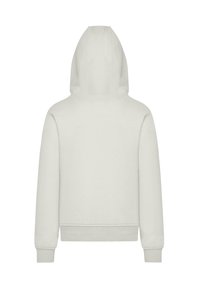 Weißer Kapuzenpullover mit klassischem Design, langen Ärmeln, Rippbündchen, einer Kängurutasche und einer glatten Textur.