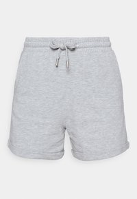 Shorts en coton gris avec une taille élastique, fermeture à cordon de serrage et ourlets retroussés. Texture douce, design décontracté et sans motifs visibles.