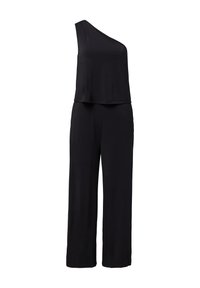 Schwarzer Ein-Schulter-Jumpsuit aus weichem Stoff, mit lockerer Passform, weitem Bein und minimalistischem Design ohne sichtbare Muster oder Beschläge.