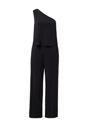 Czarny kombinezon na jedno ramię wykonany z miękkiego materiału, o luźnym kroju, szerokich nogawkach i minimalistycznym designie bez widocznych wzorów czy metalowych elementów.