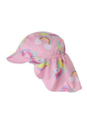 Roze kinderzonnehoed met nekscherm, versierd met regenbogen, wolken en eenhoorns in pastelkleuren.