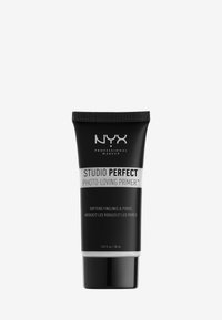 Black squeeze tube with a black cap, labeled "NYX Studio Perfect Photo-Loving Primer," 30 mL. It has a matte finish and white text.