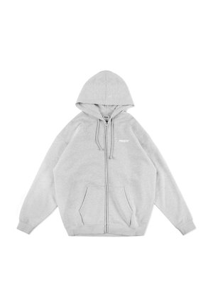 Szara bluza z kapturem na zamek, wykonana z mieszanki bawełny. Posiada kaptur ze sznurkiem, kieszenie kangurze oraz małe białe logo na piersi.