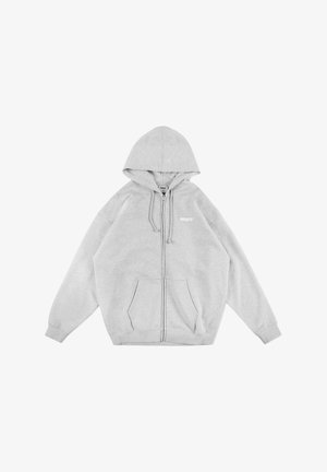 Szara bluza z kapturem na zamek, wykonana z mieszanki bawełny. Posiada kaptur ze sznurkiem, kieszenie kangurze oraz małe białe logo na piersi.