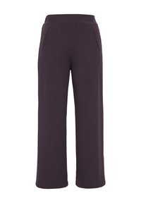 Wijdvallende broek van donkerpaars stof met een gladde textuur, voorzien van twee voorzakken en een elastische tailleband voor comfort.