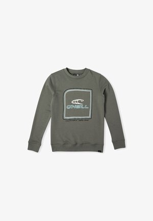 Sweat-shirt vert olive à manches longues avec col rond, poignets et ourlet côtelés, featuring le logo O'Neill et le texte "California Santa Cruz" sur le devant.