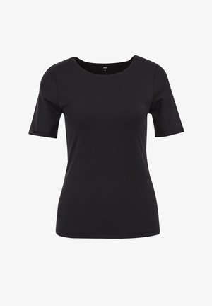 Sort kortærmet tætsiddende t-shirt med rund hals til kvinder på hvid baggrund, størrelse small, sømløs og enkel design.