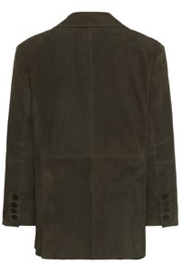 Dunkelbraune Lederblazer, ausgestattet mit einem klassischen Kragen und sechs Knopf-Details an den Ärmeln. Glatte Textur mit minimalistischem Design und ohne sichtbare Taschen.