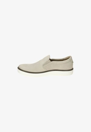Beige slip-on casual shoe with perforated upper, dark trim, and white rubber sole, viewed from the side on a white background.