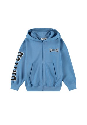 Moleton azul claro com fecho éclair, feito de algodão, apresentando um bolso frontal, capuz com cordão e gráfico "UNITED" em preto na manga e no peito.