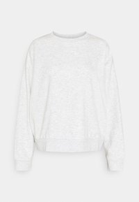 Sudadera gris clara con escote redondo, mangas largas y puños acanalados. Tejido suave y texturizado con un corte ligeramente relajado.