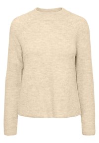 Beige knitted sweater with a soft texture, round neckline, and long sleeves. Simple design with no visible patterns or accents.