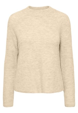 Beige ullgenser med myk tekstur, rund hals og lange ermer. Enkel design uten synlige mønstre eller detaljer.