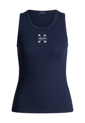Marineblauw geribd mouwloos tanktop met ronde halslijn, voorzien van wit "JOOP!" logo en een bloemmotief centraal op de borst.