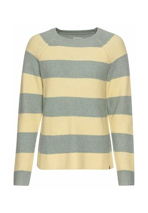 Stribet sweater med skiftende lysegule og grønne nuancer, ribbet tekstur, crew neckline og lange ærmer. Har en lige kant.