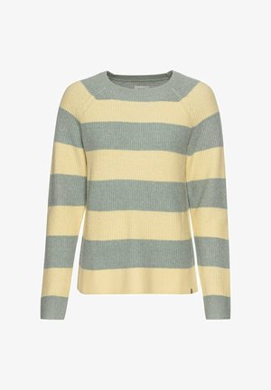Stribet sweater med skiftende lysegule og grønne nuancer, ribbet tekstur, crew neckline og lange ærmer. Har en lige kant.