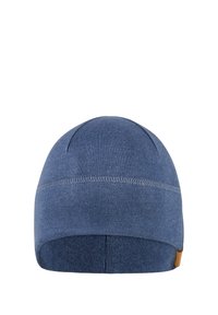 Blue knit beanie hat with a smooth texture. Features a stitched seam detail and a small leather logo patch on the side.