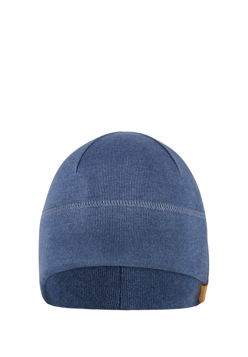 Blue knit beanie hat with a smooth texture. Features a stitched seam detail and a small leather logo patch on the side.