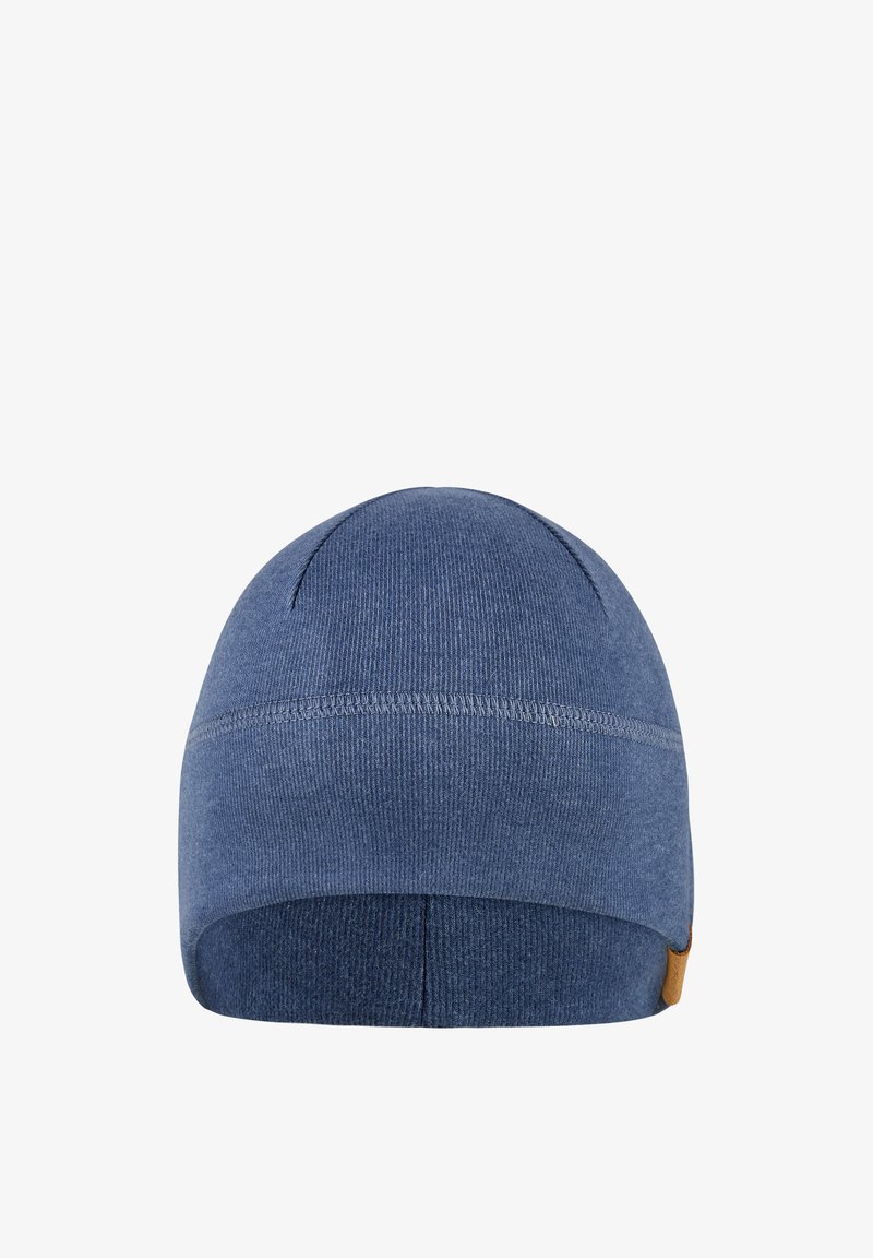 Blue knit beanie hat with a smooth texture. Features a stitched seam detail and a small leather logo patch on the side.