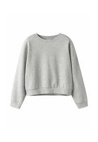 Szara krótka bluza z okrągłym dekoltem, długimi rękawami oraz ściągaczami na mankietach i dole. Wykonana z miękkiego, teksturowanego materiału.