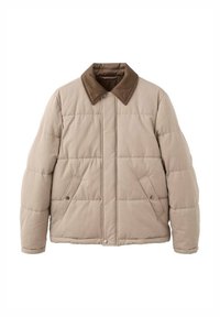 Beżowa pikowana kurtka z brązowym kołnierzem z sztruksu, zapięciem na zatrzaski i dwoma przednimi kieszeniami. Posiada pikowane przeszycia dla efektu tekstury.