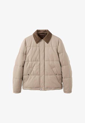 Beżowa pikowana kurtka z brązowym kołnierzem z sztruksu, zapięciem na zatrzaski i dwoma przednimi kieszeniami. Posiada pikowane przeszycia dla efektu tekstury.