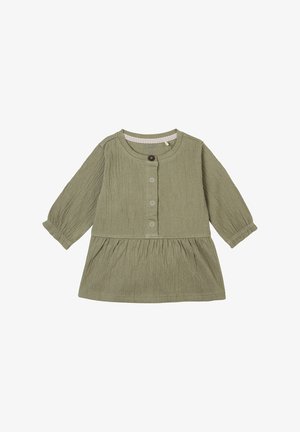 Olivengrünes Langarmoberteil aus strukturiertem Stoff, mit rundem Ausschnitt, voller Knopfleiste vorne und gerafftem Rockbereich am Saum.