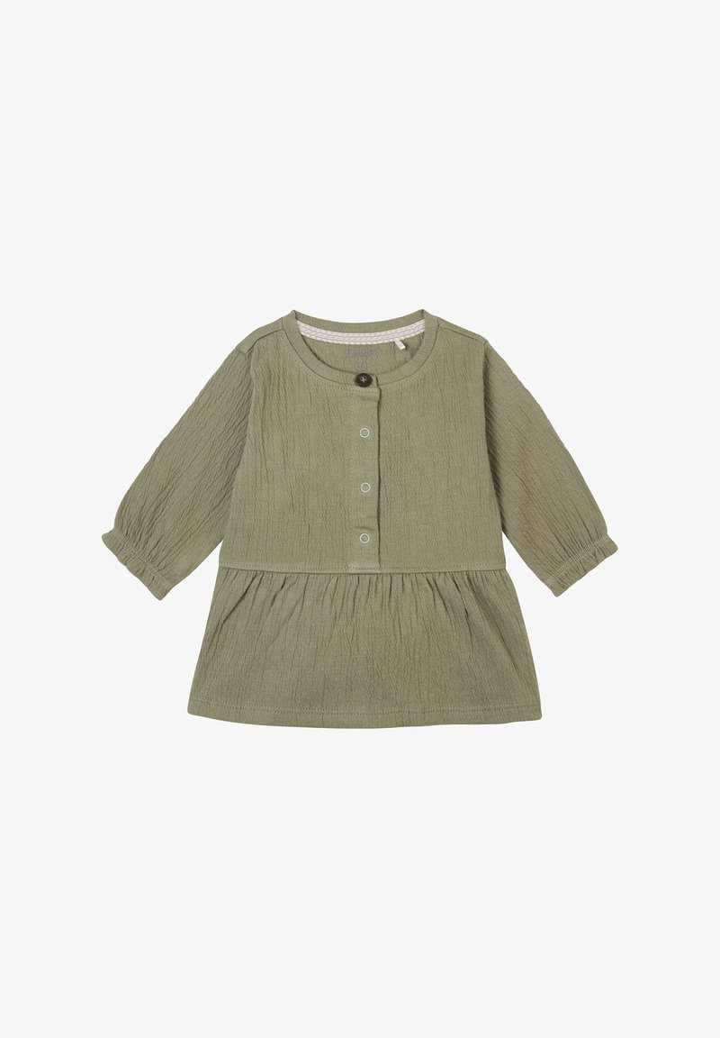 Olivengrünes Langarmoberteil aus strukturiertem Stoff, mit rundem Ausschnitt, voller Knopfleiste vorne und gerafftem Rockbereich am Saum.